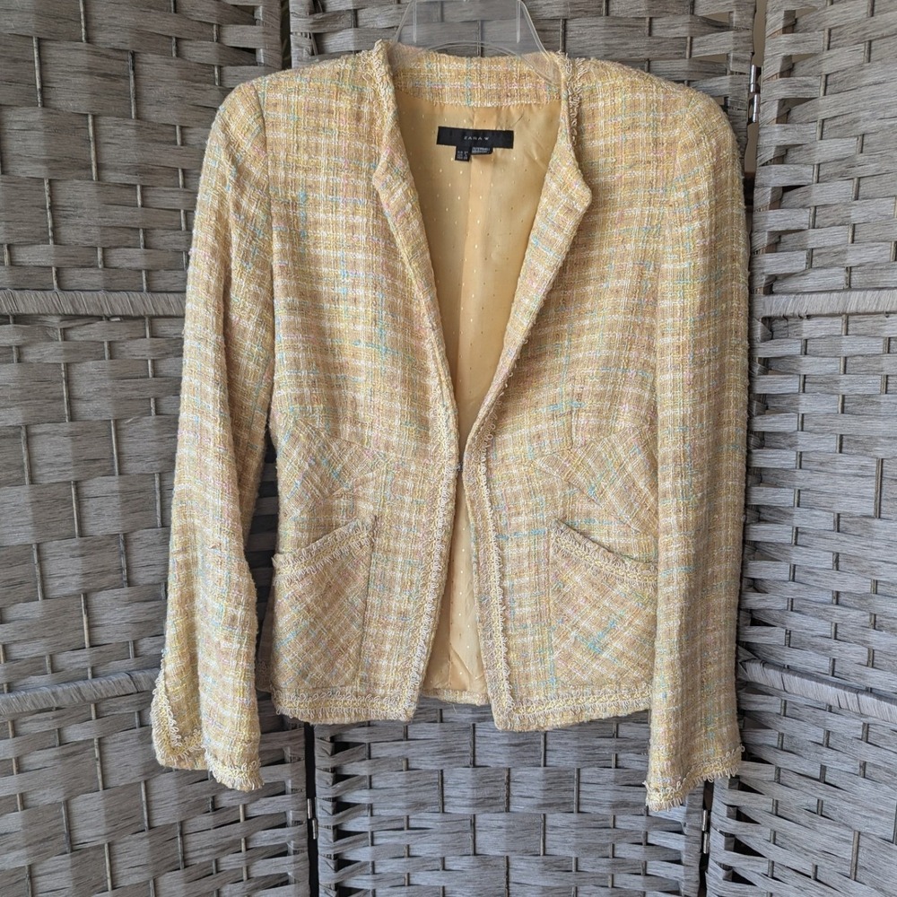 Zara Blazer Yellow Tweed Fringe Trim Silk‎ Linen Basket Weave Sz 6 Chic Academia